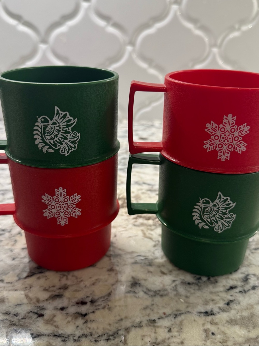 Vintage Tupperware Christmas Stacking Mugs Set of 4 Red Green Snowflake Dove
